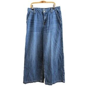 Zara High Rise Wide Leg Pleated Jeans Women Size 4 Medium Wash 100% Cotton